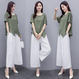 Set: Short-sleeve Plain Blouse + Wide-leg Pants