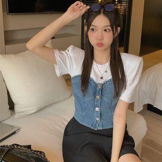 Mock Two-piece Short-sleeve Denim Crop Top