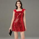 Feather Strap Sequined A-line Cocktail Dress