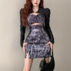 Long-sleeve Crop Top / Spaghetti Strap Printed Mini Sheath Dress / Set