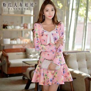 Long-sleeve Bow-accent Floral A-line Dress