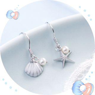 925 Sterling Silver Faux Pearl Starfish & Shell Dangle Earring 1 Pairs - As Shown In Figure - One Size