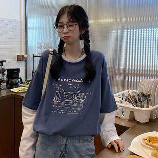 Mock Two-piece Long-sleeve Disc Print T-shirt