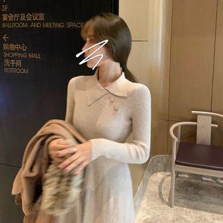 Long-sleeve Collar Midi A-line Knit Dress