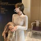 Long-sleeve Collar Midi A-line Knit Dress
