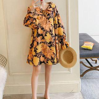 Flower Print Balloon-sleeve Collared Dress