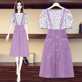 Set: Floral Short-sleeve Top + Suspender Midi A-line Skirt