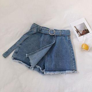 Asymmetric Frayed High-waist Denim Shorts