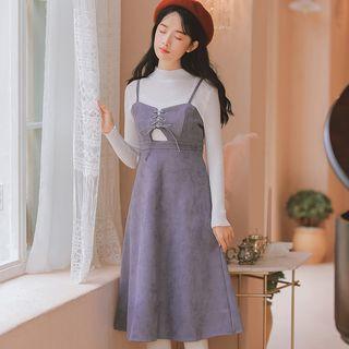 Set: Mock Neck Knit Top + Spaghetti Strap Midi A-line Dress