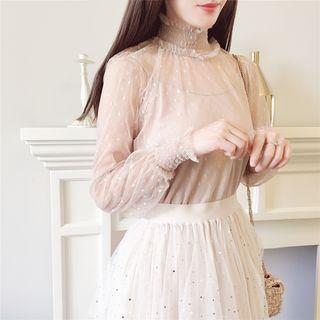 Set: Puff-sleeve Smocked Collar Mesh Top + Camisole