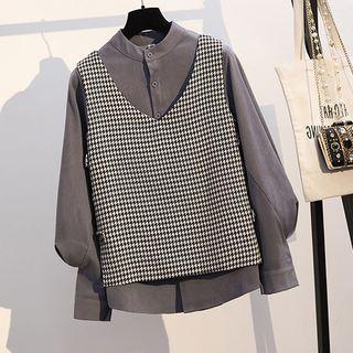 Set: Lantern-sleeve Blouse + Houndstooth V-neck Vest