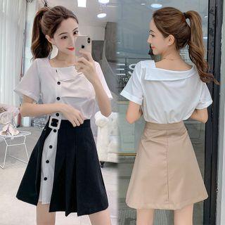 Set: Short-sleeve Button-up Mini A-line Dress + Side-slit Mini A-line Skirt