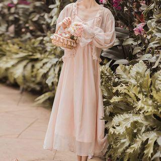 Set: Wide Strap Midi A-line Dress + Ruffle Trim Light Jacket