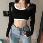 Contrast Trim Long-sleeve Cropped T-shirt