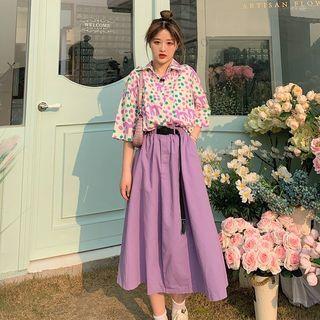 Elbow-sleeve Dotted Animal Print Shirt / Midi A-line Skirt