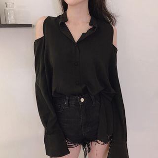 Plain Cold-shoulder Shirt Black - One Size