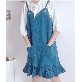 Ruffle Hem Denim Strappy Dress