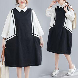 Black & White Color Block Panel Cropped Sleeve Shirtdress