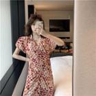 Print V-neck Puff-sleeve Slim-fit Dress As Figure - One Size