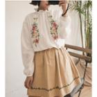 Floral Embroidered Frilled Neck Long-sleeve Blouse