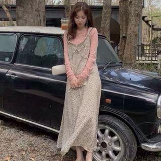Plain Long-sleeve T-shirt / Floral Midi Spaghetti Strap Dress