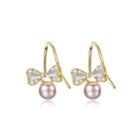 Sterling Silver Plated Gold Fashion Cute Ribbon Purple Freshwater Pearl Earrings With Cubic Zirconia Golden - One Size