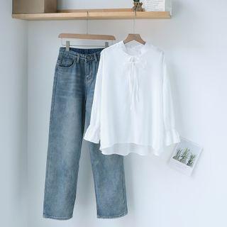Bell-sleeve Chiffon Blouse / Straight-cut Jeans