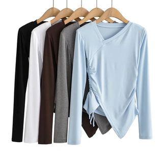 Long-sleeve Plain Irregular Ruched Top