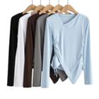 Long-sleeve Plain Irregular Ruched Top
