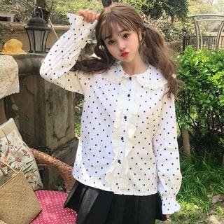 Ruffle Trim Blouse Dot - White - One Size