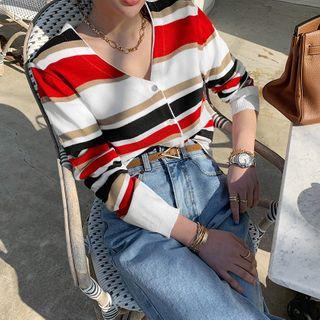 Long-sleeve Stripe Knit Cardigan Red - One Size