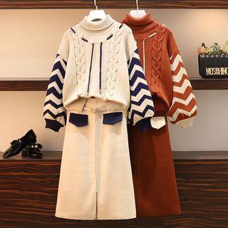 Set: Cable-knit Patterned Sweater + Midi A-line Skirt