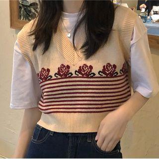 Floral Jacquard Sweater Vest Beige & Red - One Size