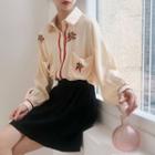 Embroidered Strawberry Long-sleeved Shirt Beige - One Size