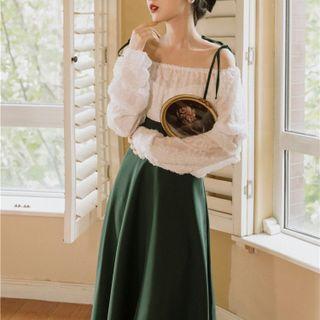 Set: Bandeau + Off-shoulder Lace Blouse + Midi Overall Dress