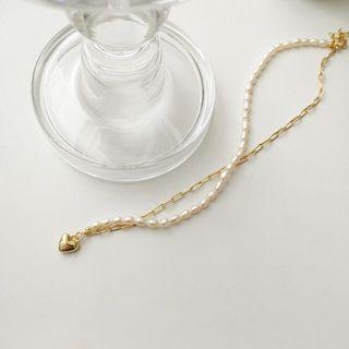 Faux Pearl Necklace Necklace - Love Heart - Gold - One Size