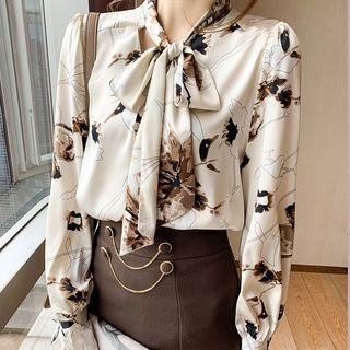 Lantern-sleeve Print Bow Accent Shirt