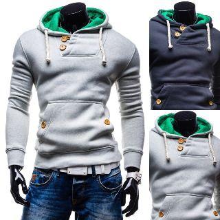 Buttoned Drawstring Hooded Pullover