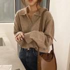 V-neck Plain Polo Collar Loose Fit Sweater