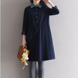 Collared Drawstring Waist Corduroy Dress