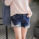 Lace Trim Distressed Denim Shorts