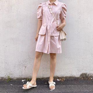 Puff-sleeve Single Breasted Plain Dress