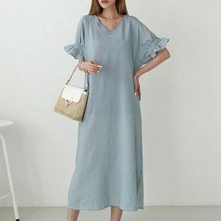 V-neck Frill-cuff Stripe Long Dress