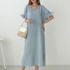V-neck Frill-cuff Stripe Long Dress