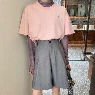 Long-sleeve Mock-neck Lettering Print Mesh T-shirt Purple - One Size