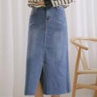 Slit-front A-line Long Denim Skirt