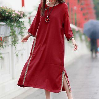 Long-sleeve Embroidered Trim Midi Shift Dress