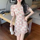 Asymmetric Short-sleeve Chiffon Floral Print Midi Dress