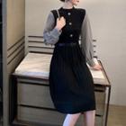 Long-sleeve Houndstooth Panel Midi Knit Dress