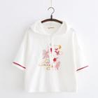 Goldfish Embroidered Elbow-sleeve Hooded T-shirt
